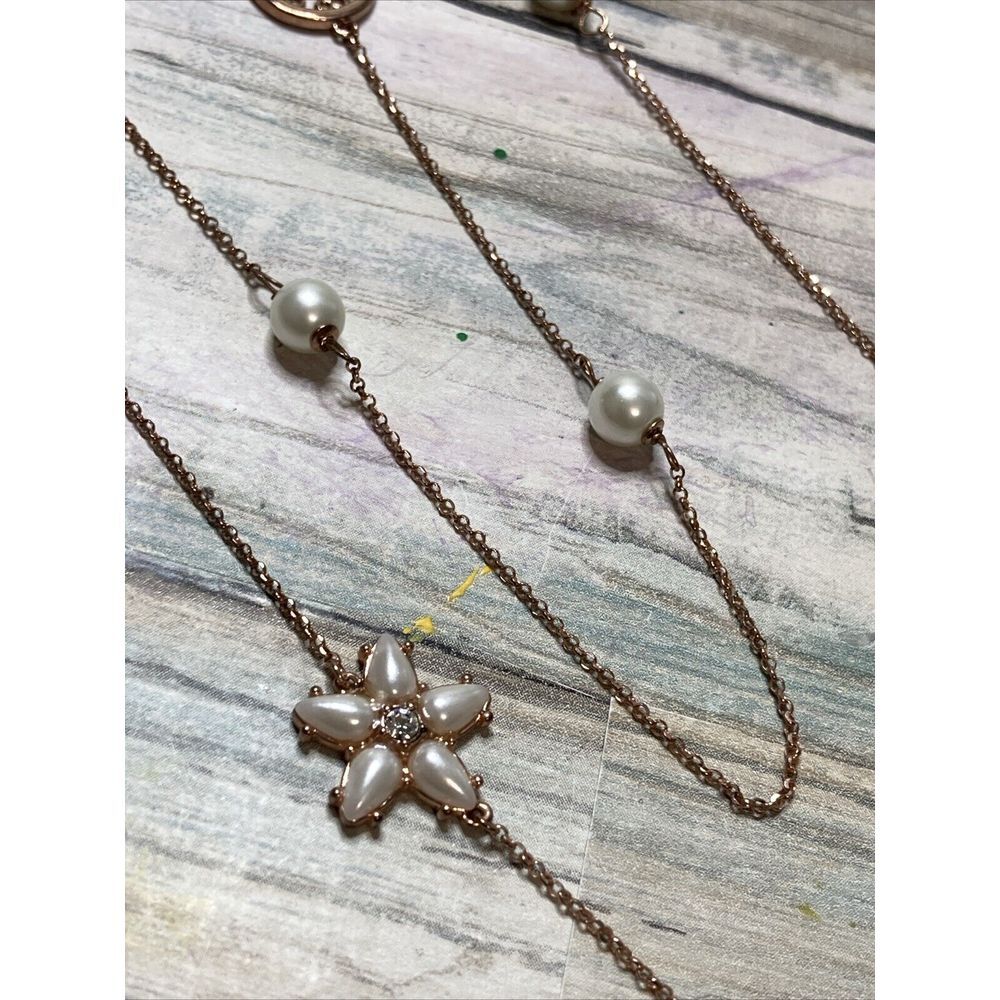 Kate Spade Chantilly Double Strand Necklace Flower Pearl Faux Rose Gold Tone 26"